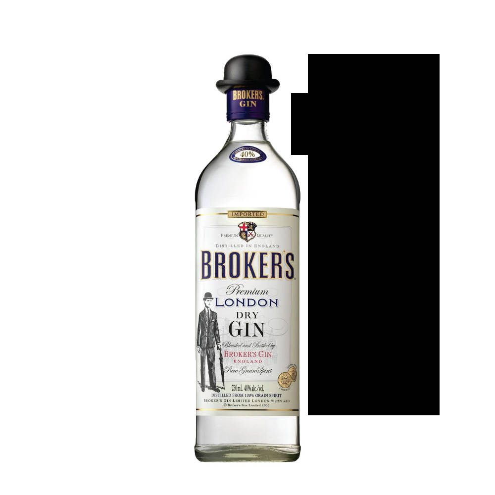 Broker's Premium London Dry Gin 酒瓶，帶有復古紳士標籤和黑色圓頂禮帽蓋。