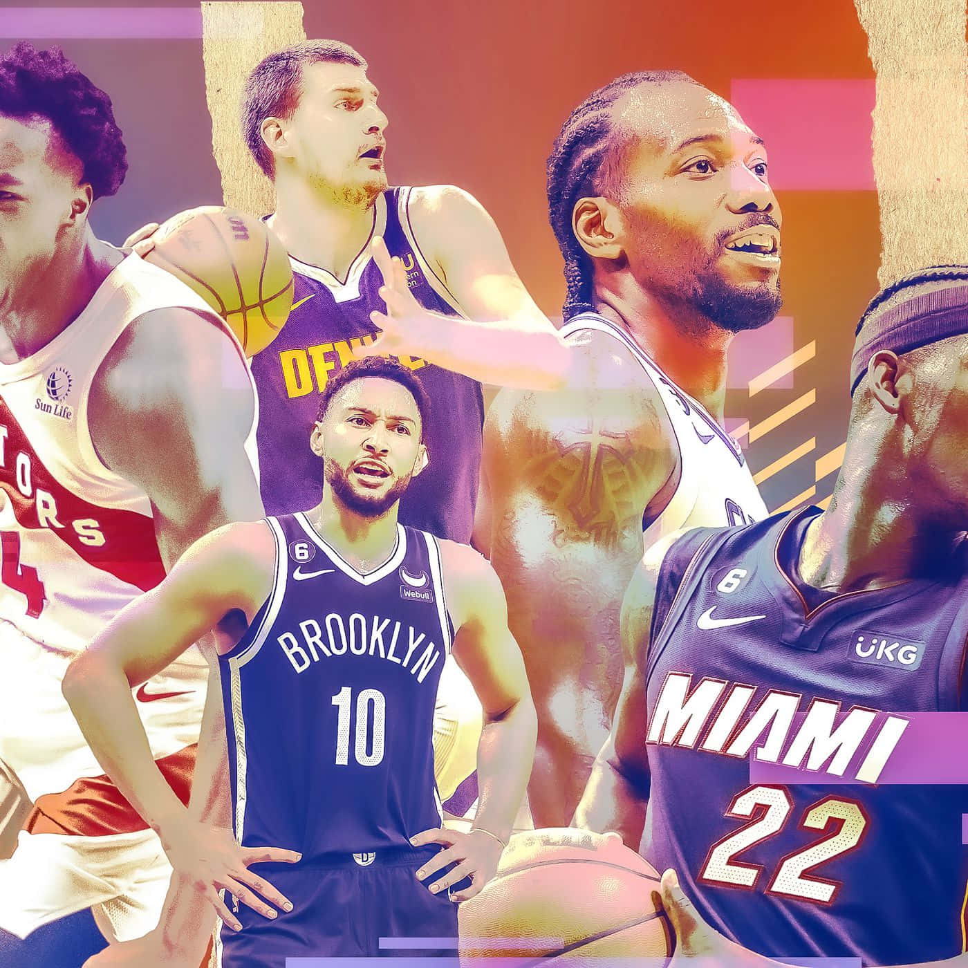 NBA籃球運動員穿著球隊球衣，在色彩繽紛的抽象背景上動態擺姿勢。