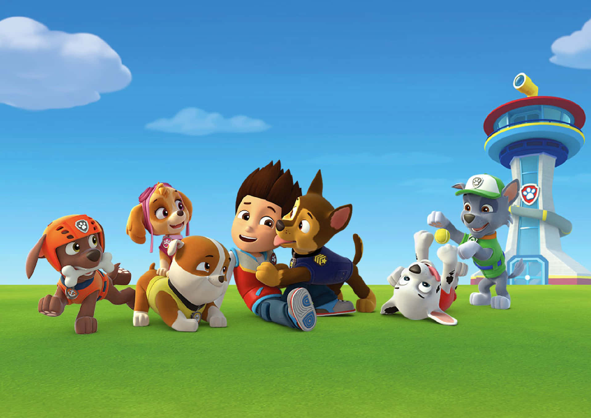 「最棒的團隊！汪汪隊立大功」 壁紙 — Paw Patrol 小狗和萊德在明亮的藍天下，背景有塔，一起在綠色草地上玩耍。