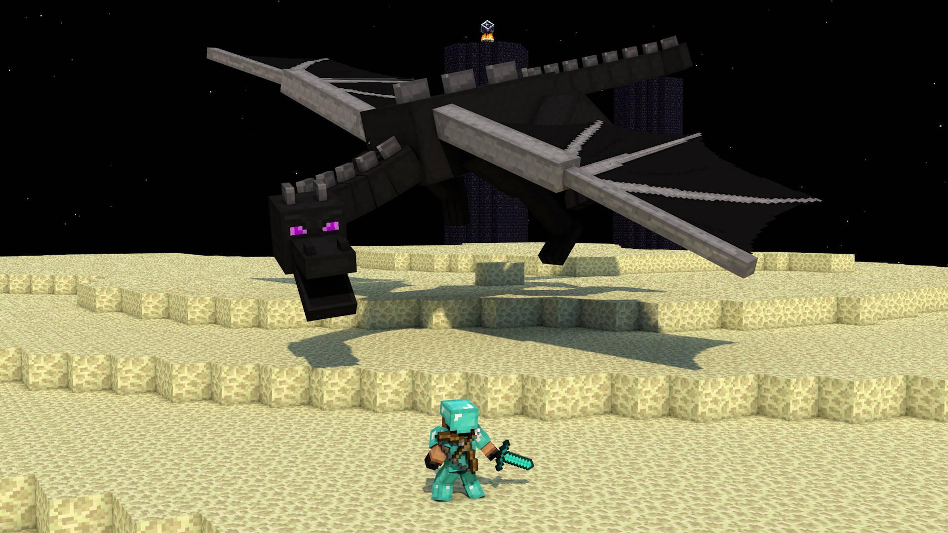 Minecraft玩家手持劍在夜晚的沙漠中面對一隻黑龍。