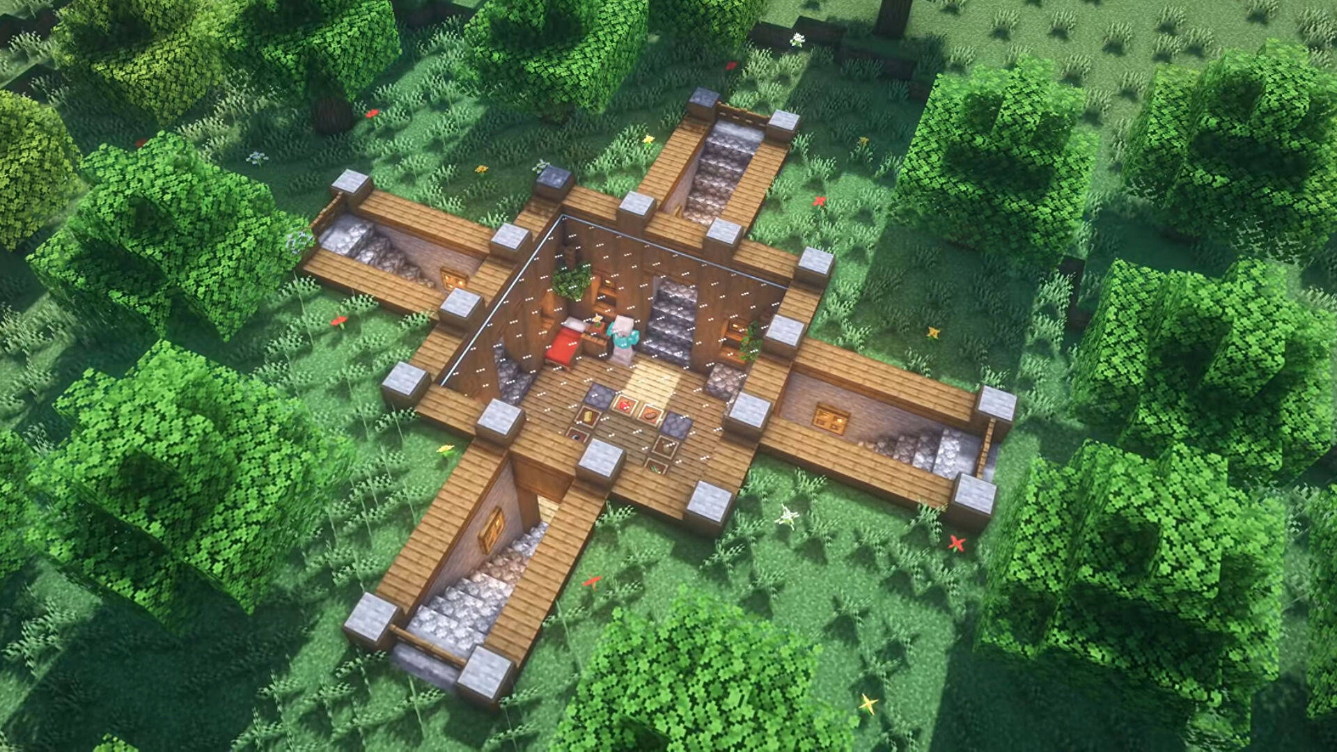 森林中的十字形Minecraft木屋
