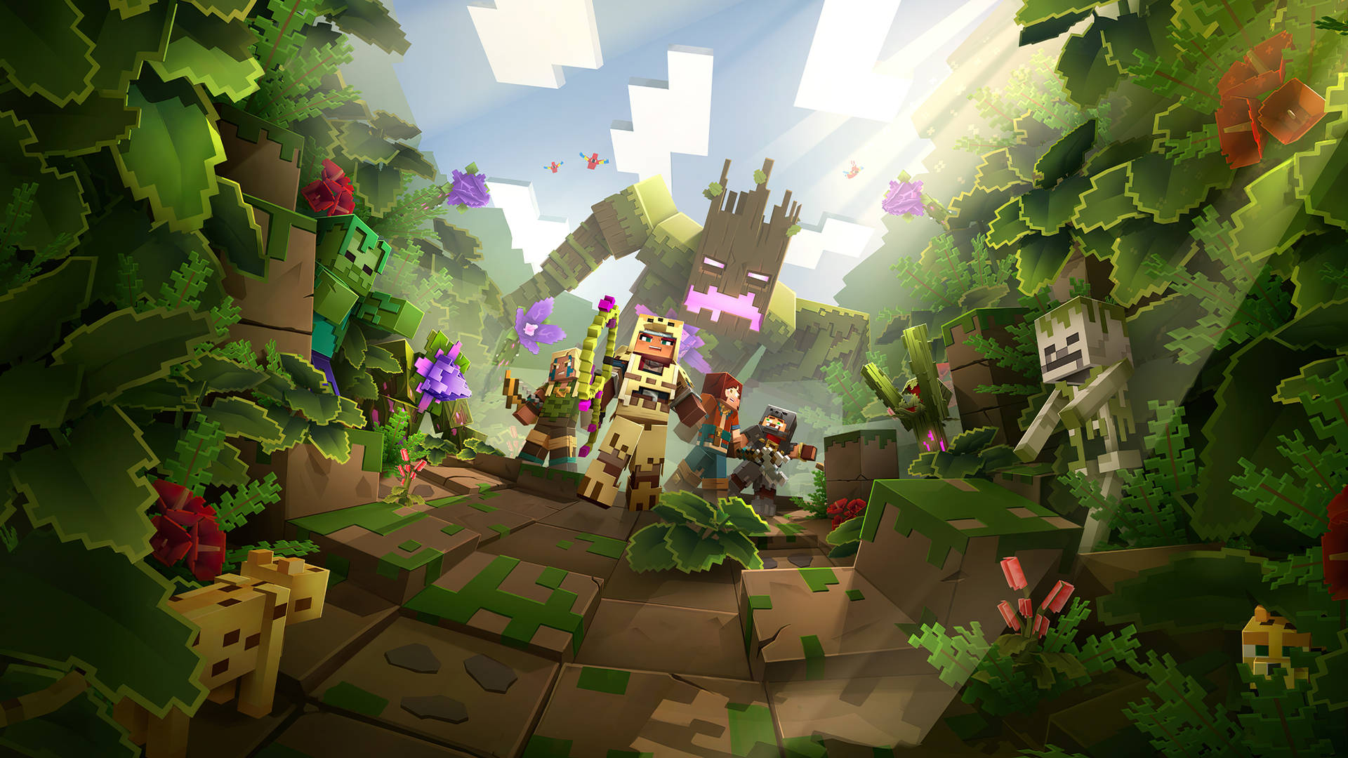 Minecraft角色在一個有方塊樹和彩色花朵的叢林中。
