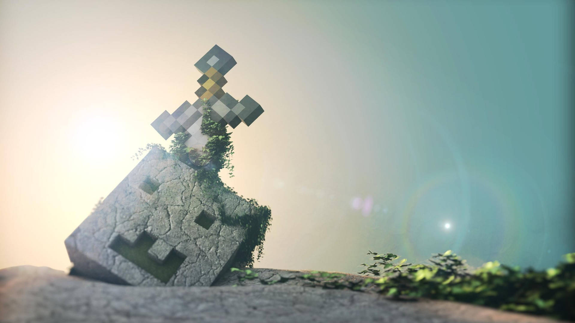 日出時從長滿青苔的石塊中生長出來的像素化Minecraft劍。