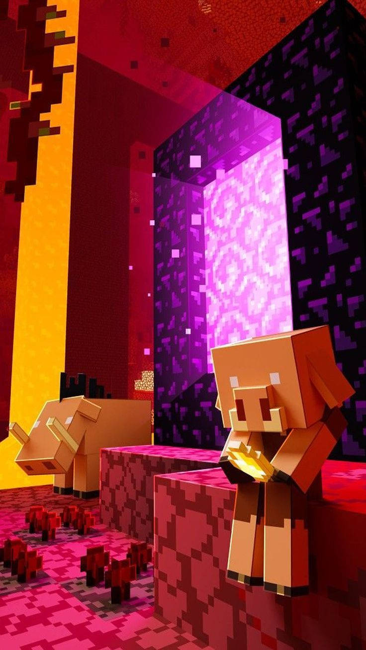 兩隻Minecraft豬喺地獄，後面有個發光傳送門。