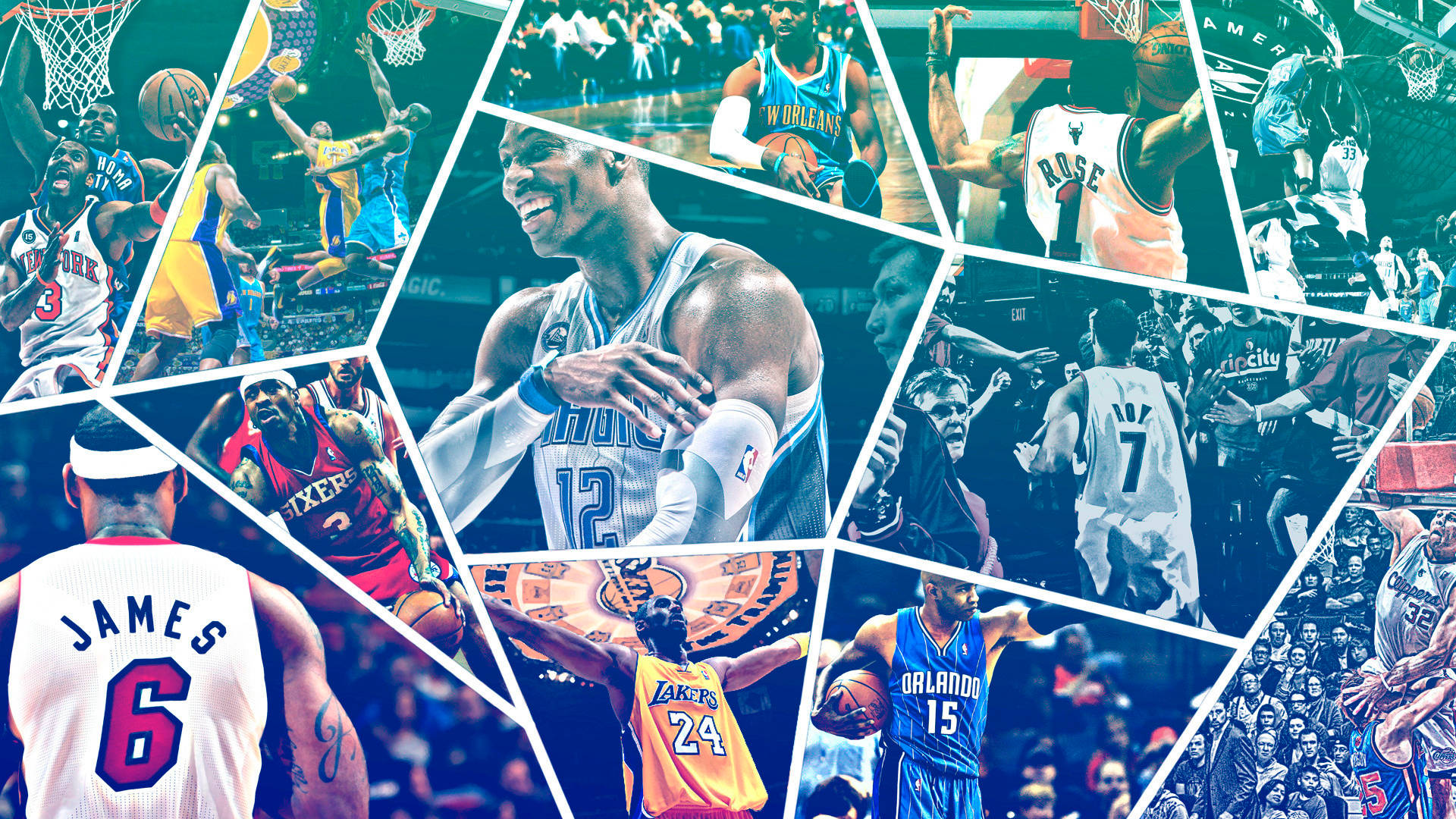 NBA籃球運動員穿著球隊球衣在比賽中的拼貼畫。