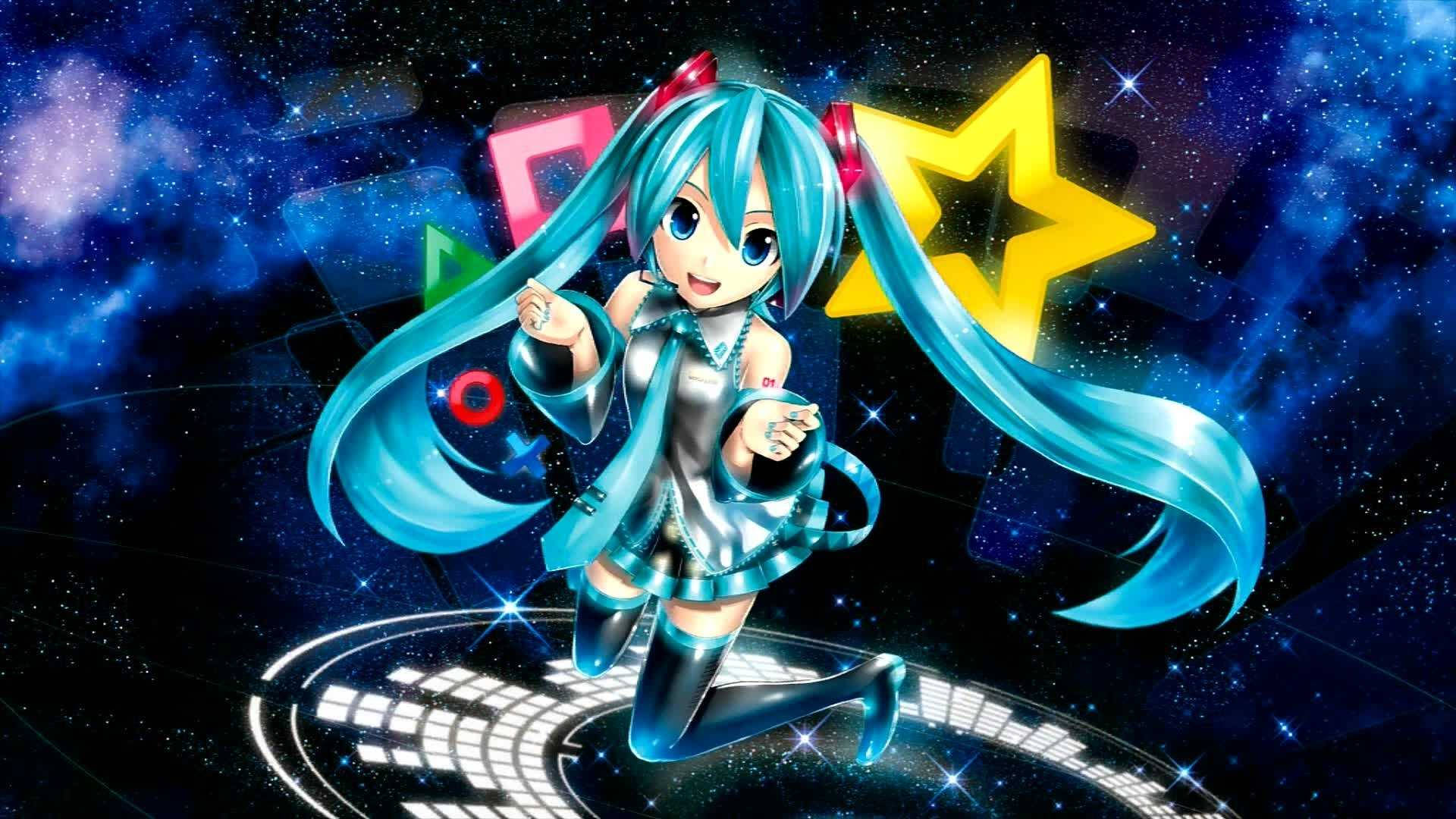 動漫歌手初音未來在星光燦爛的太空背景下，在未來風格的舞台上表演。