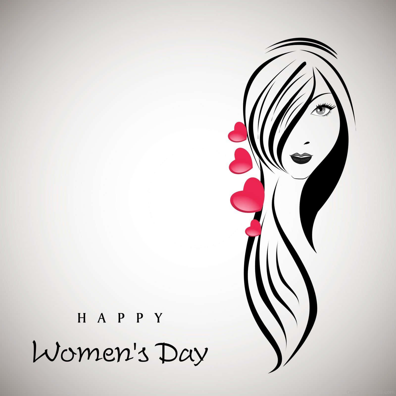 Happy Women's Day 插圖，女性臉龐與頭髮上的紅色心形。