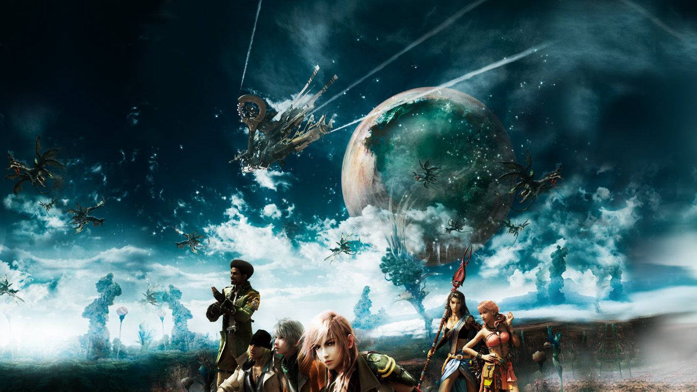一群奇幻冒險者在巨大行星下面對外星飛行生物。