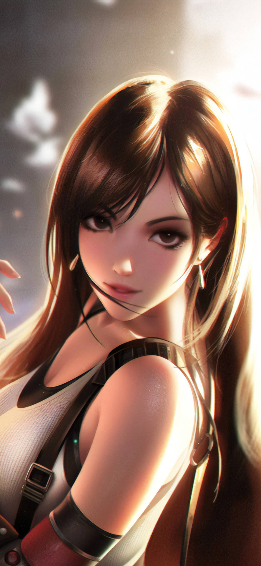 《最終幻想》美麗蒂法 iPhone 壁紙 — 一位光芒四射的動漫女孩，長長的棕色頭髮和發光的眼睛，在朦朧的天空背景下溫柔地凝視著。