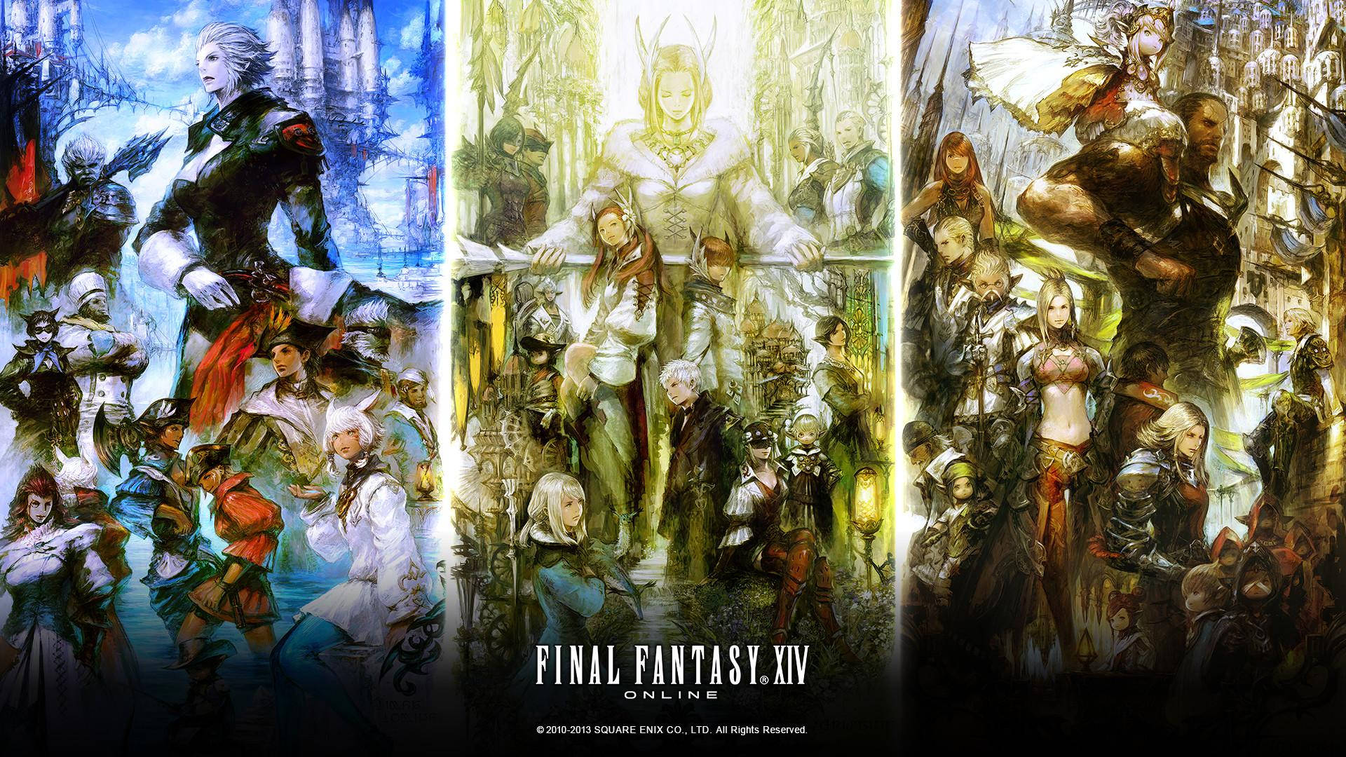 《最終幻想XIV》線上宣傳藝術，三個主題面板中呈現奇幻角色。