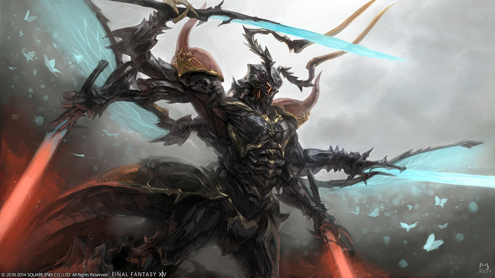 《最終幻想14》中的拉瓦那坐騎 壁紙 — 一個身穿暗色盔甲的戰士，手持發光的藍色劍和紅色能量刃，站在風暴天空下旋轉的蝴蝶之中。
