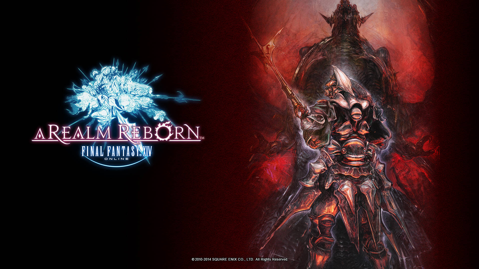Final Fantasy XIV A Realm Reborn 標誌，配有裝甲戰士和紅色怪物。