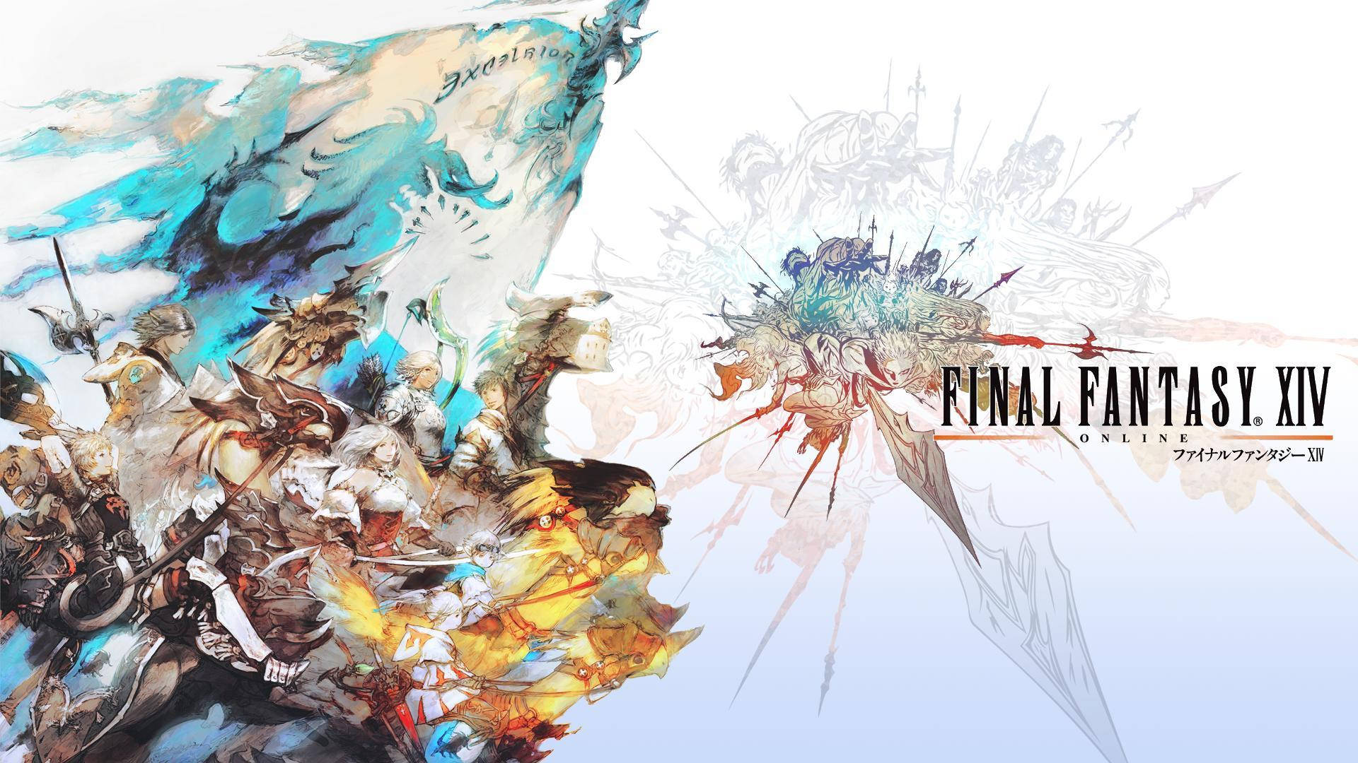 Final Fantasy XIV 線上宣傳藝術作品，包含奇幻戰士與生物。