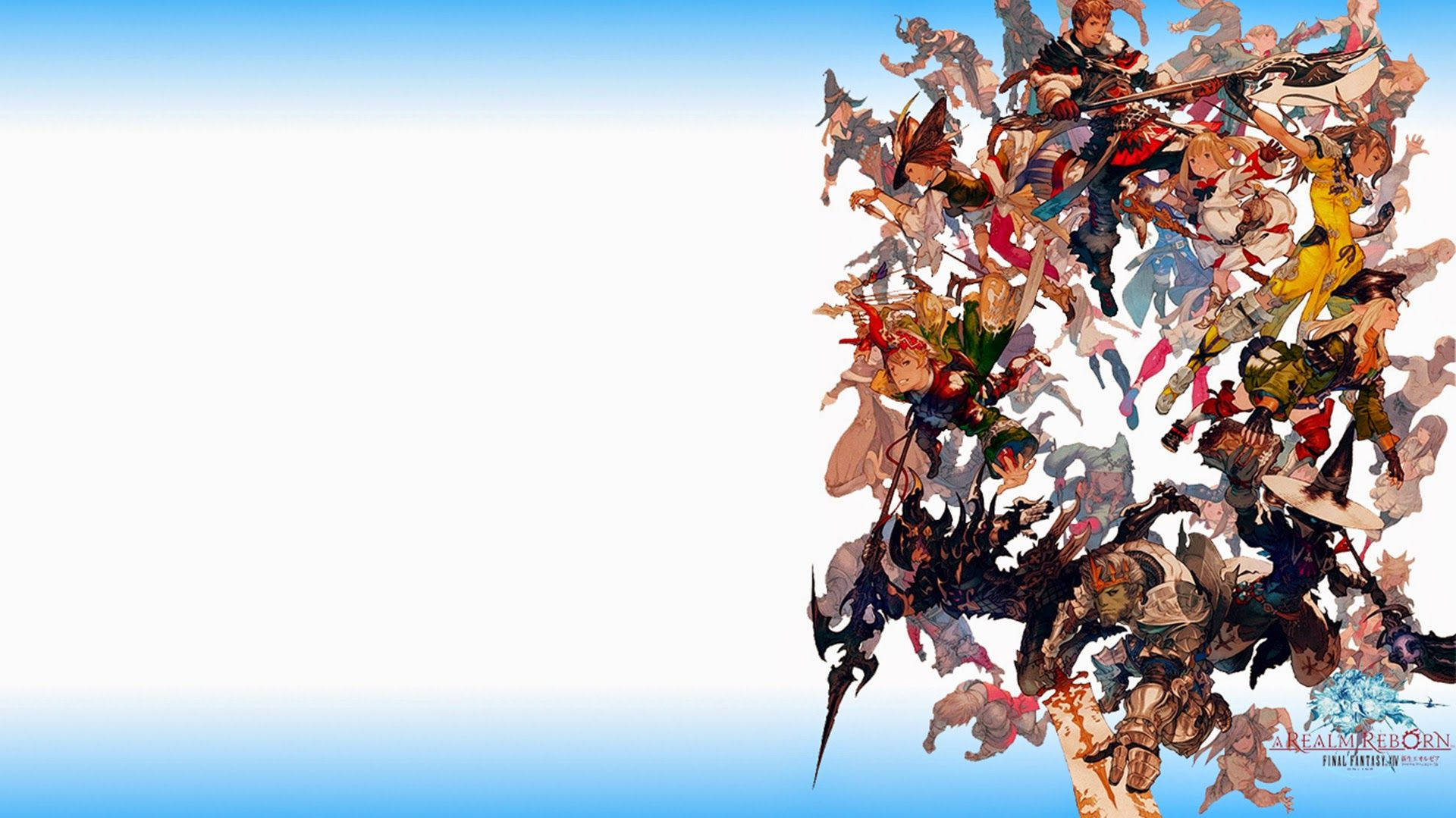 來自《Final Fantasy Brave Exvius》的動漫角色，在藍色漸變背景前擺出動態群體姿勢。