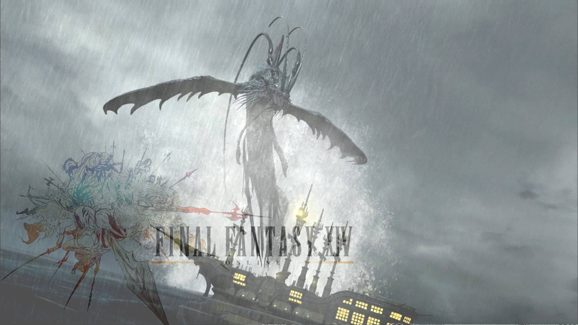 來自《Final Fantasy XIV》的巨型怪物在暴風雨的城市景觀中與戰士戰鬥。