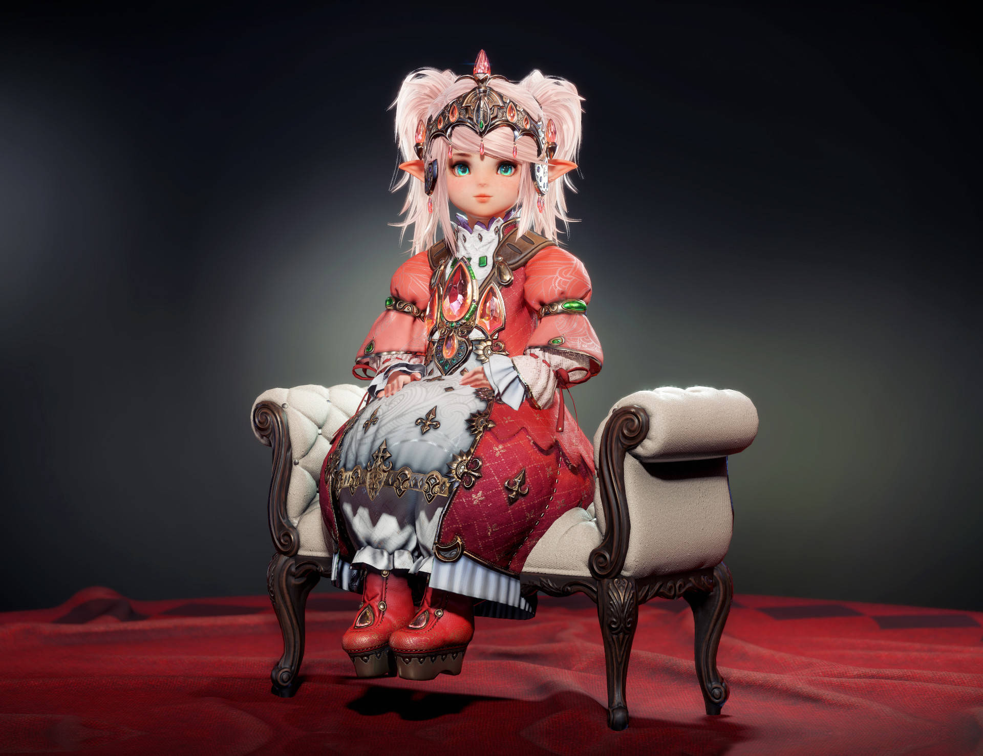 身穿紅色奇幻服裝的動漫女孩坐在裝飾椅上