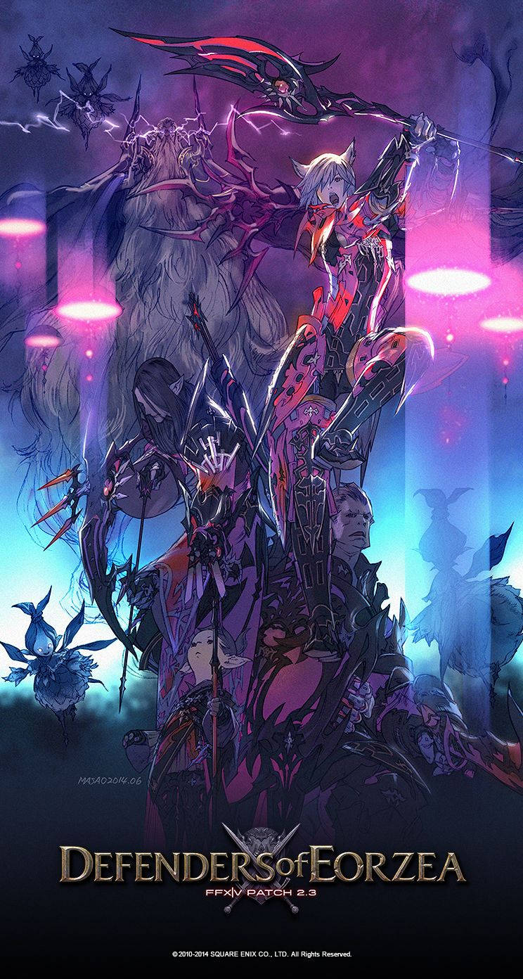 來自《最終幻想XIV》的發光黑暗場景中的幻想動漫戰士和怪物。