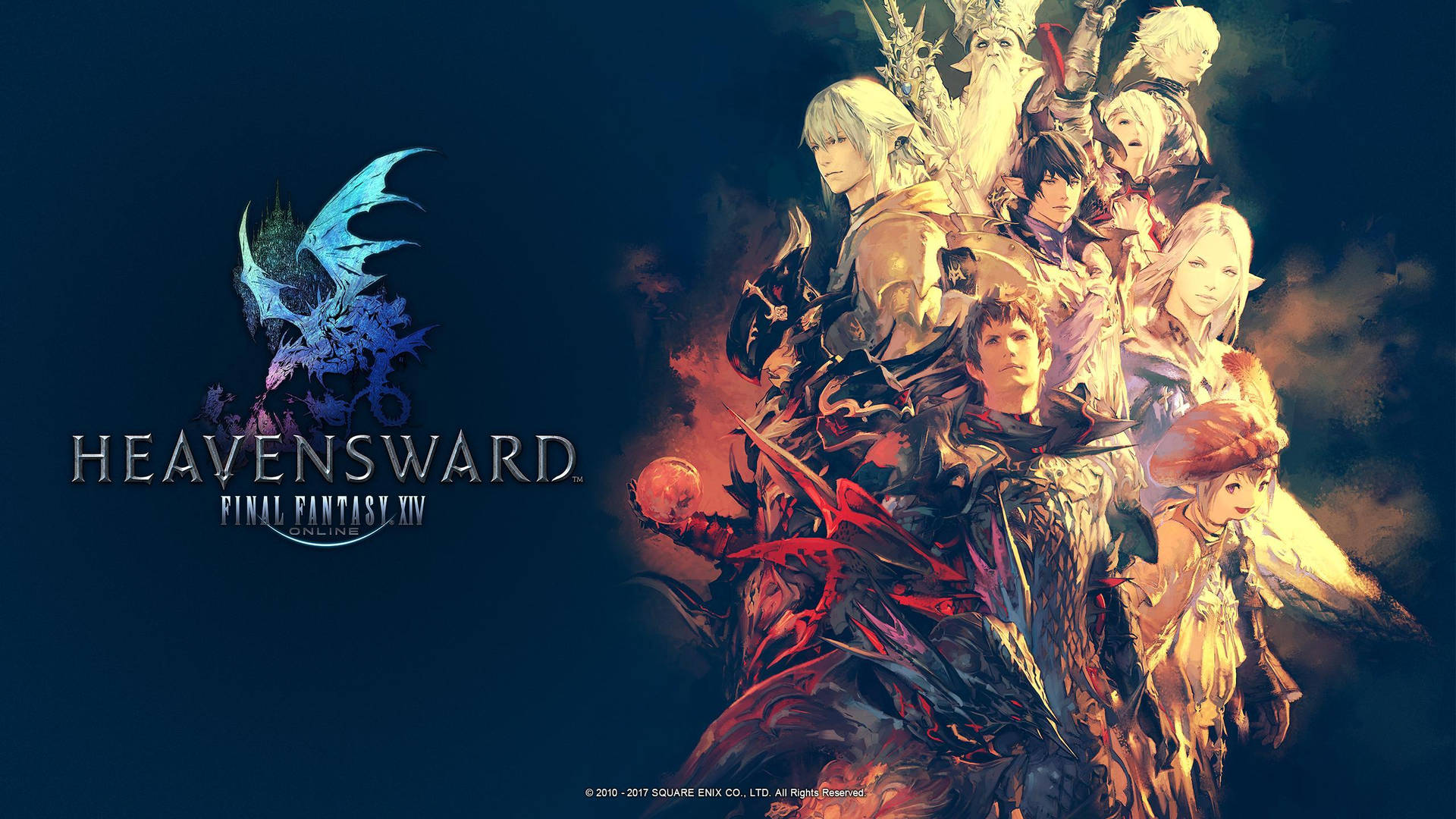 Final Fantasy XIV 蒼天之龍城的宣傳藝術作品，包含角色和一條藍色巨龍。