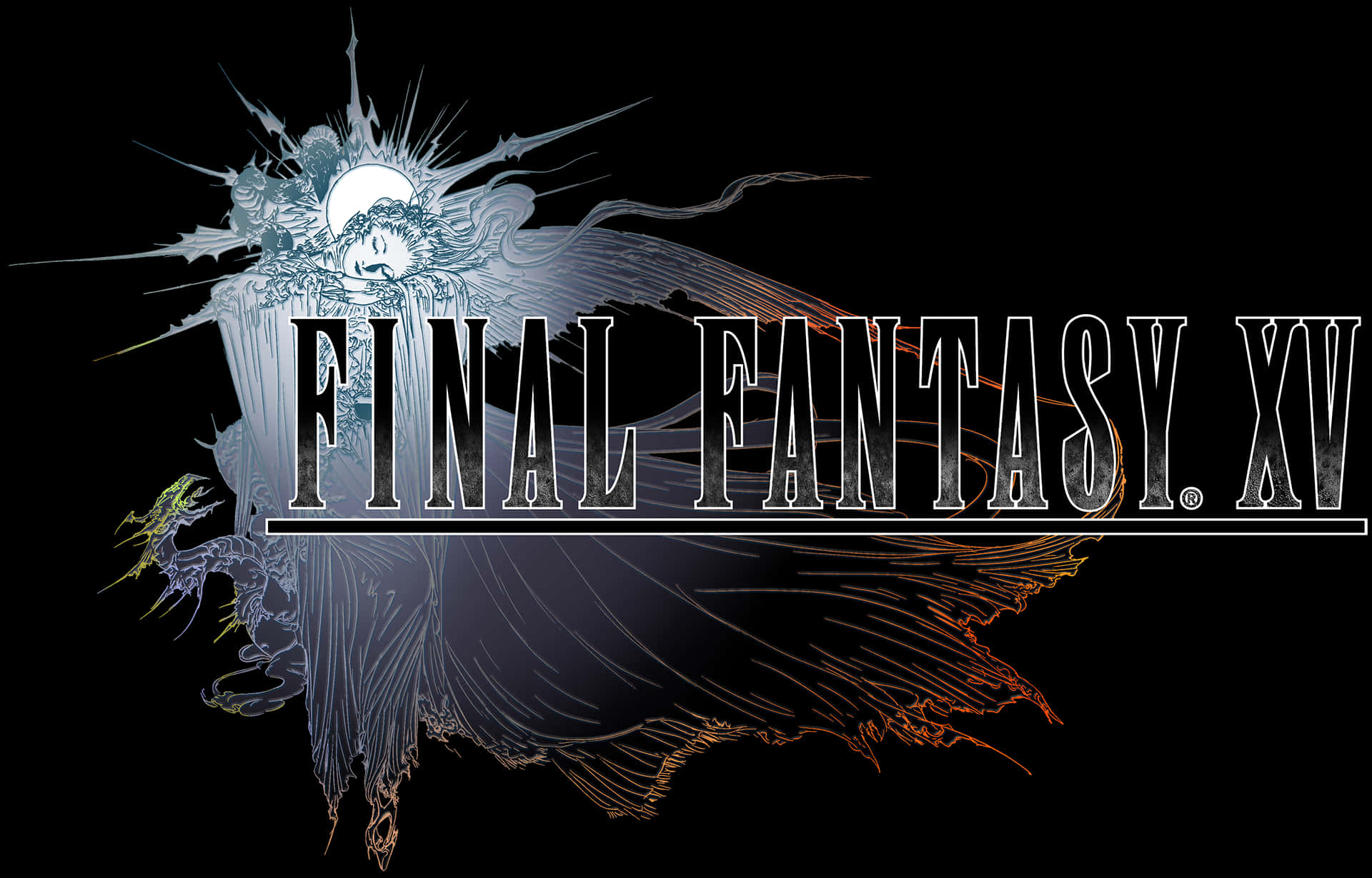 《最終幻想15》的壯闊冒險 壁紙 — Final Fantasy XV 標誌，帶有風格化的有翼生物和月亮，背景為黑色。