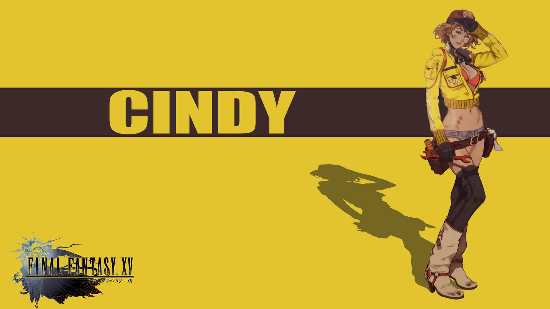 穿著黃色服裝的《Final Fantasy XV》動漫角色Cindy在黃色背景前。 — 最終幻想 壁紙