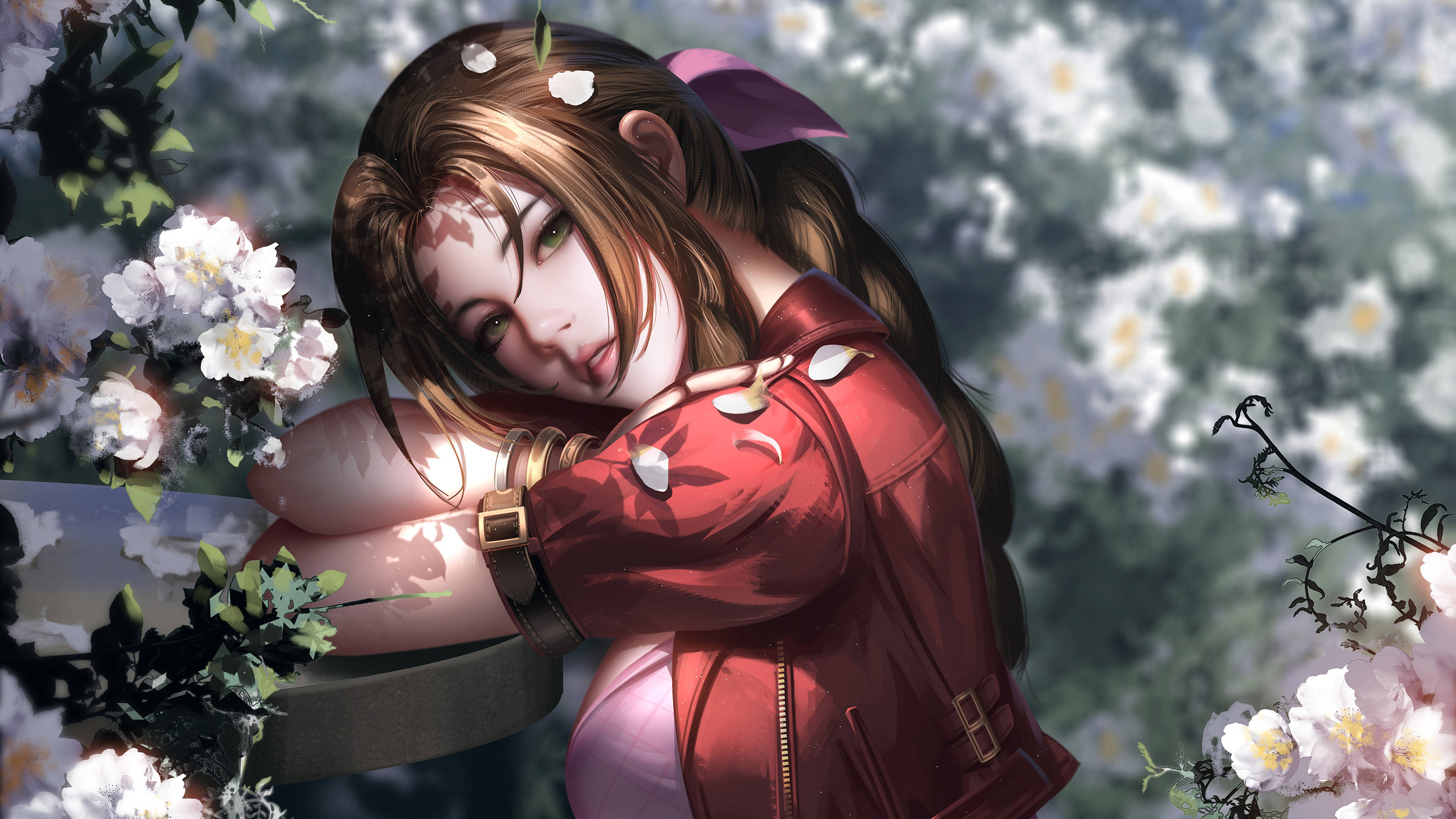 最終幻想7 艾瑞絲與花朵 壁紙 — 一位棕色頭髮、綠色眼睛的年輕女子在柔和日光下，在盛開的白花中將頭靠在手臂上休息。