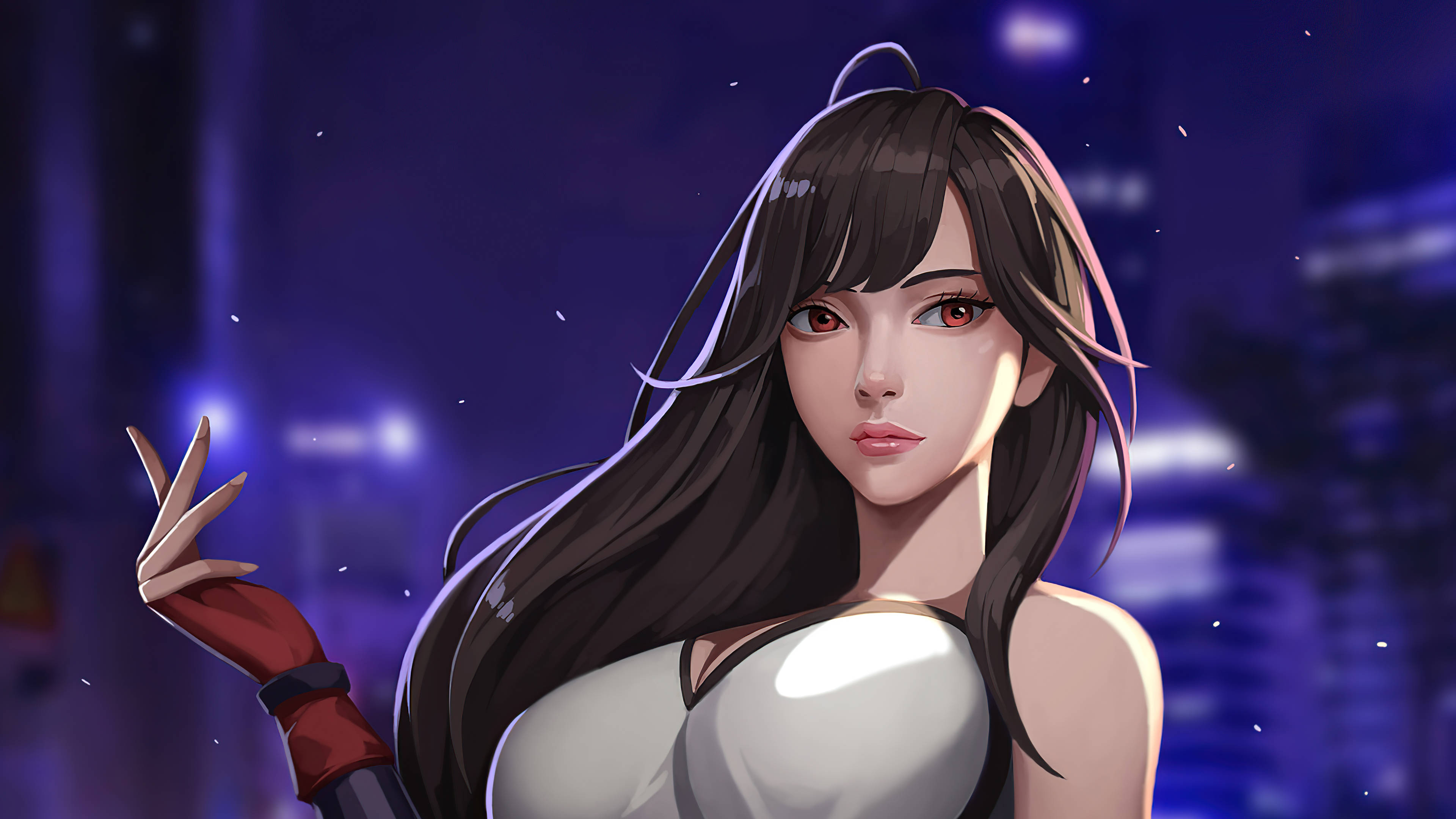 最終幻想7 蒂法插畫 壁紙 — 一個引人注目的動漫女孩，長長的黑髮和紅色的眼睛，在夜晚發光的紫色城市天際線前自信地擺姿勢。