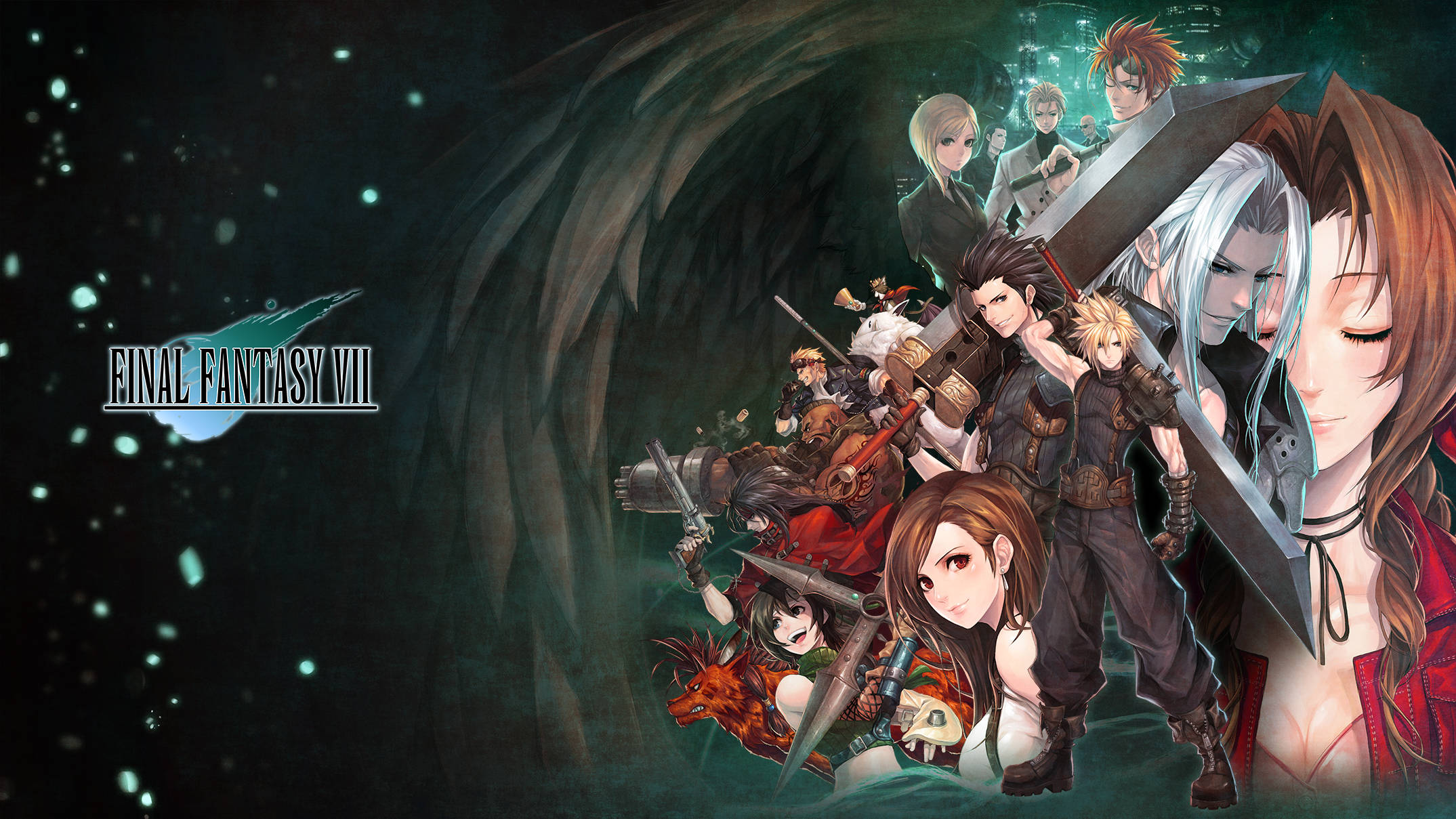 最終幻想7 角色標誌 壁紙 — Final Fantasy VII 角色英勇地站在一個黑暗的洞穴中，周圍有發光的粒子，遊戲標誌漂浮在附近。