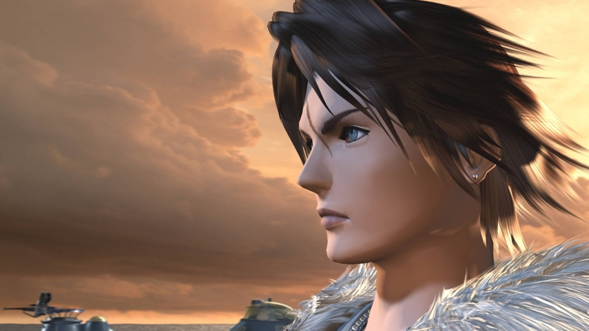 《最終幻想8》主角 Squall Leonhart 壁紙 — 一個決心堅定的動漫角色，黑髮藍眼，在戲劇性的日落天空下凝視前方。