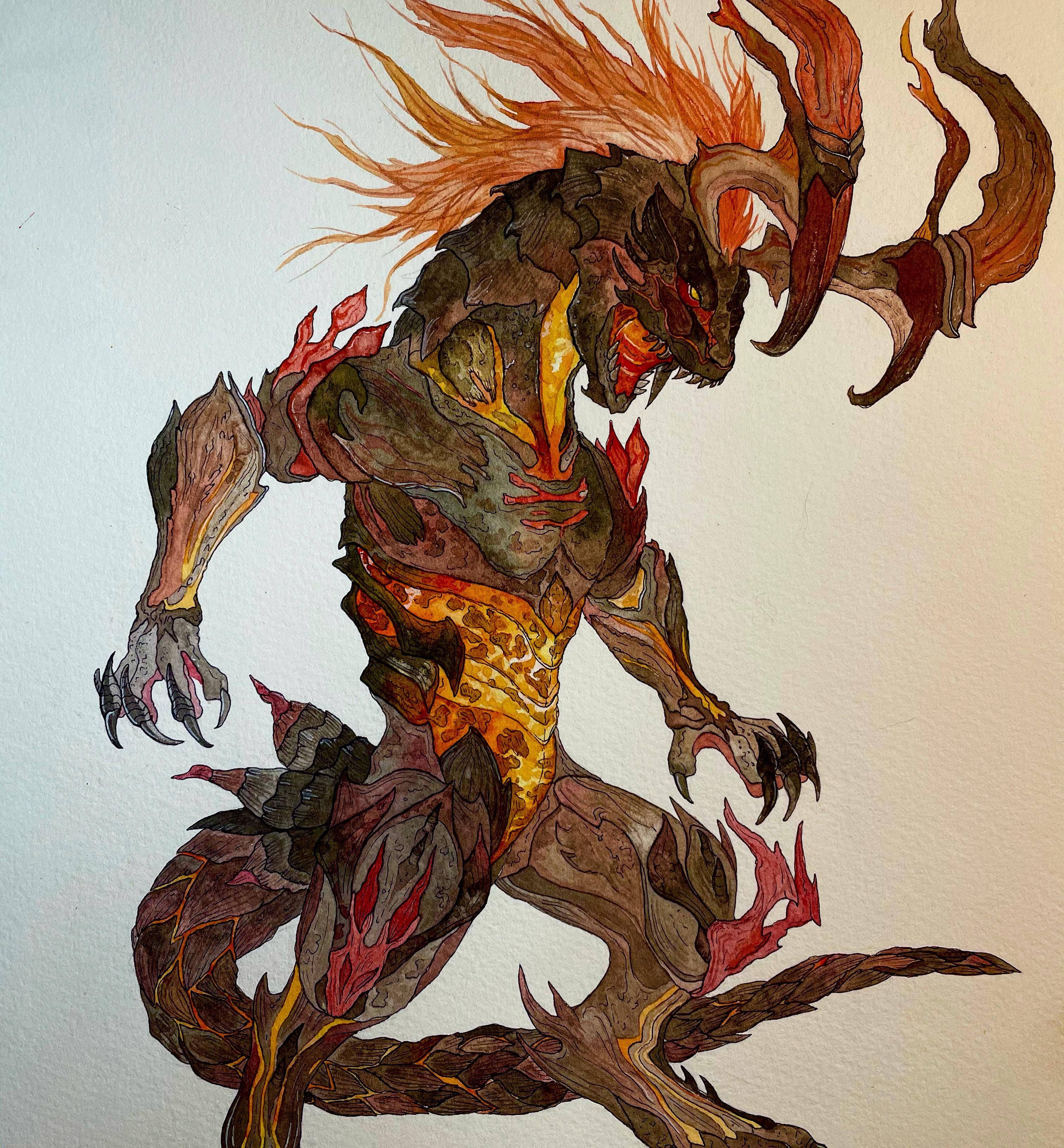 最終幻想8 伊弗利特 壁紙 — 一個兇猛的惡魔生物，有著火紅色的橙色頭髮和發光的紅色眼睛，以威脅的姿勢蹲伏著。