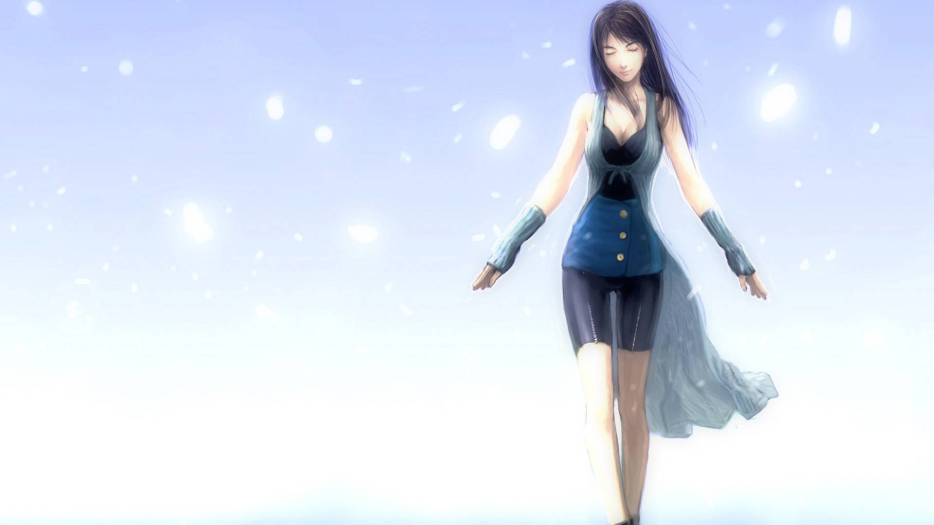 《最終幻想8》自由的 Rinoa 壁紙 — 一位身穿藍色服裝的寧靜動漫女孩，在柔和發光的天空下優雅地走過雪地。