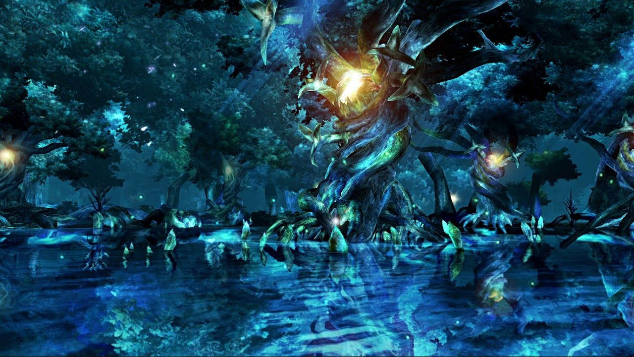 夜晚魔法森林中倒映在水中的神秘發光樹。