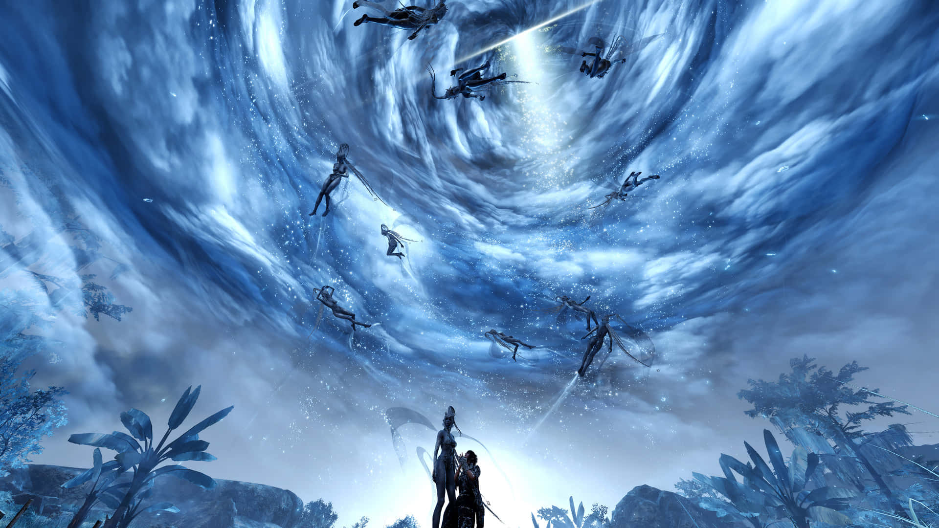 《最終幻想XV》1080p「龍捲風」背景 壁紙 — 兩個身影站在旋轉的藍天下，剪影戰士們手持發光劍在雲中翱翔。
