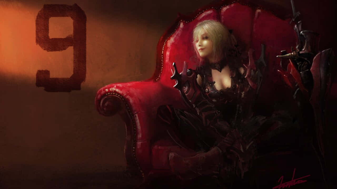 《最終幻想XV》720p 背景：Aranea Highwind 壁紙 — 一位淺色頭髮的女性穿著深色華麗盔甲，在溫暖的環境光下威嚴地坐在一張柔軟的紅色王座上，她身後的牆上有一個巨大的數字九。