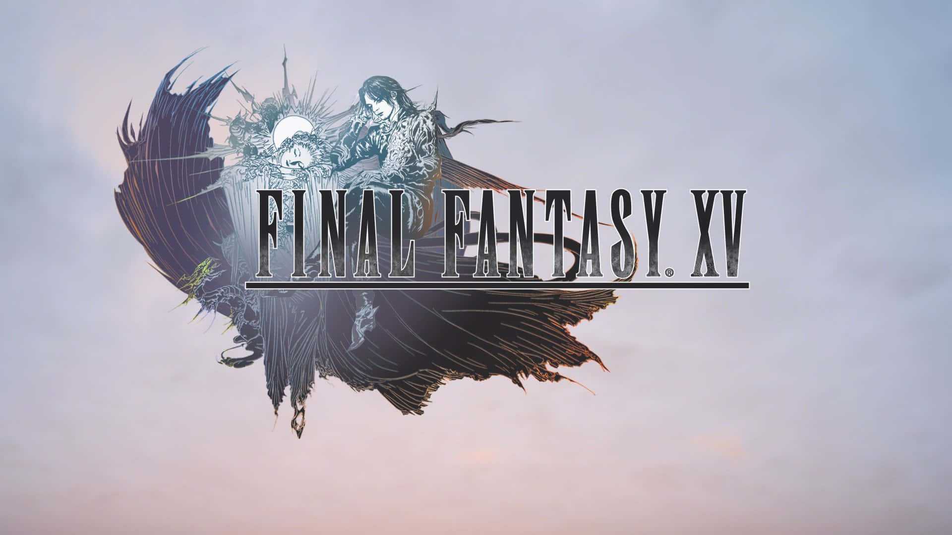 《最終幻想XV》世界中的冒險者們 壁紙 — Final Fantasy XV 的風格化奇幻標誌，以柔和暮色天空為背景，帶有翼狀人物。