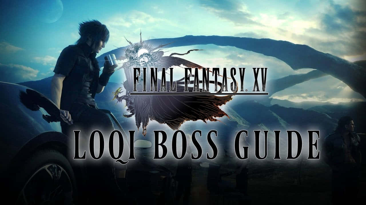 《最終幻想XV》中的魔導戰鬥 壁紙 — 一個角色坐在時尚的汽車上，手持杯子，背景是戲劇性的山脈、發光的帶翼生物和遊戲標題文字。