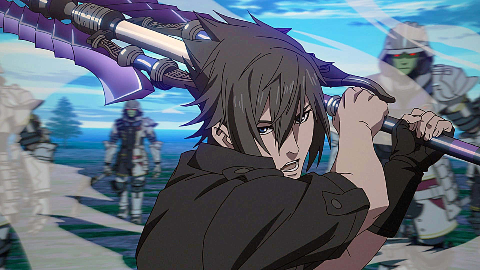 《最終幻想XV》主角Zack Fair粉絲藝術背景 壁紙 — 一個堅定的動漫戰士在明亮的戶外戰鬥場景中握著一把巨大的紫色劍，面對著裝甲敵人。