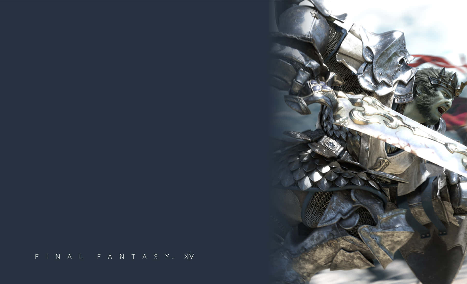 《最終幻想XV》戰士Auron背景 壁紙 — 一名身穿華麗銀色盔甲的騎士，在深藍色背景上揮舞著發光的劍，背景上有遊戲標題文字。