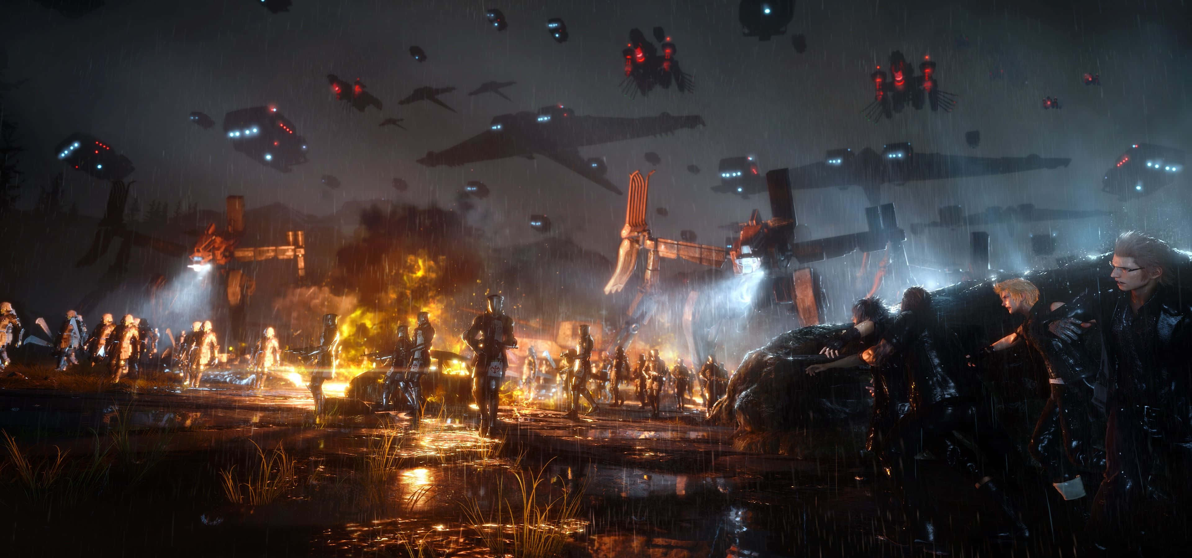 《最終幻想XV》戰鬥場景背景 壁紙 — 雨夜戰鬥場景，士兵與未來戰爭機器在紅色光芒下作戰。