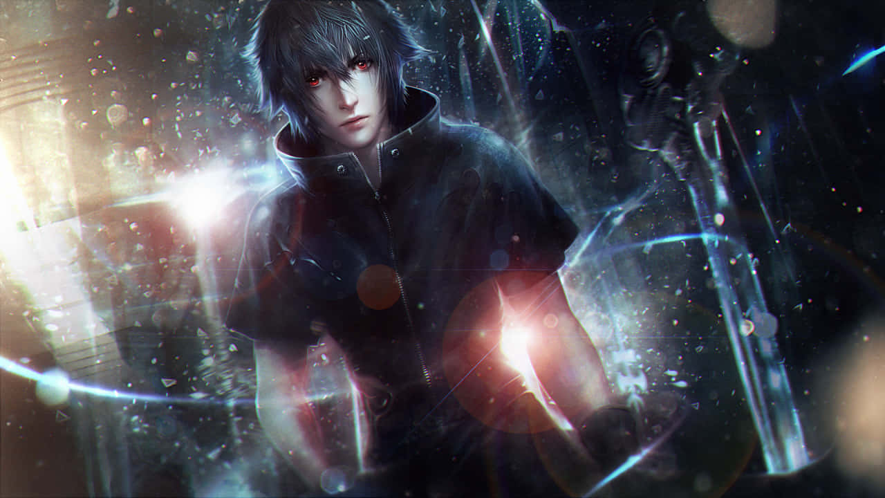 《最終幻想XV》——探索全新冒險世界 壁紙 — 一個深色頭髮的動漫角色，擁有發光的紅色眼睛，站在破碎的玻璃和明亮的鏡頭光暈中，營造出陰鬱的數位場景。