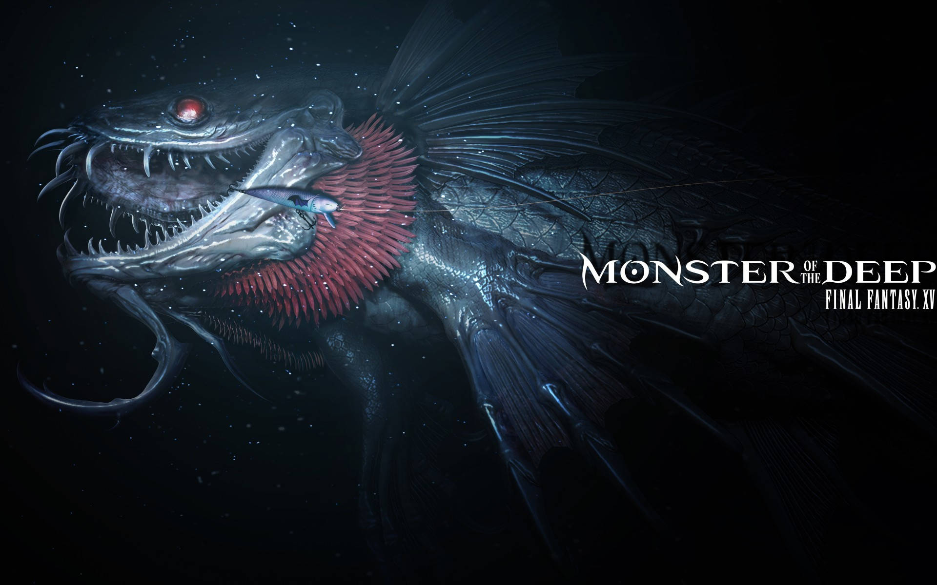 最終幻想XV：深海怪物遊戲海報 壁紙 — 一隻帶有發光紅眼和尖銳牙齒的威脅性深海怪物在黑暗水域中猛撲，吞下一條小魚。