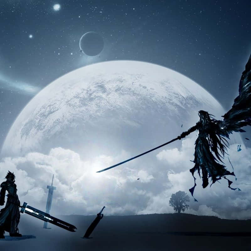 戰士在巨月下與帶翅膀的劍士對峙的宇宙戰鬥。 — 最終幻想 壁紙