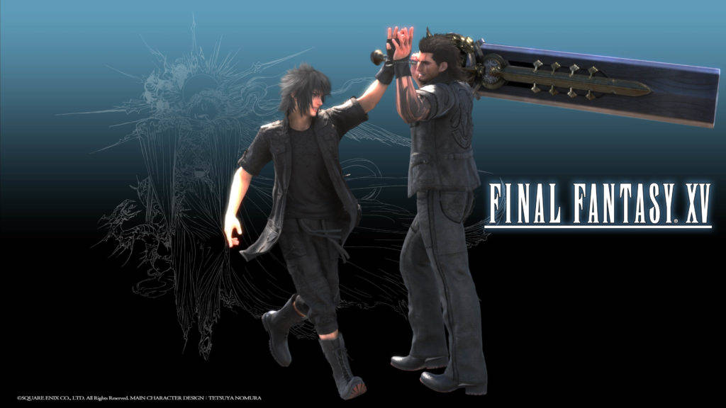 最終幻想XV中的諾克提斯與格拉迪歐 壁紙 — 兩個《Final Fantasy XV》角色喺深藍色漸變背景上擊掌，背景有發光劍同草圖風格嘅翼設計。