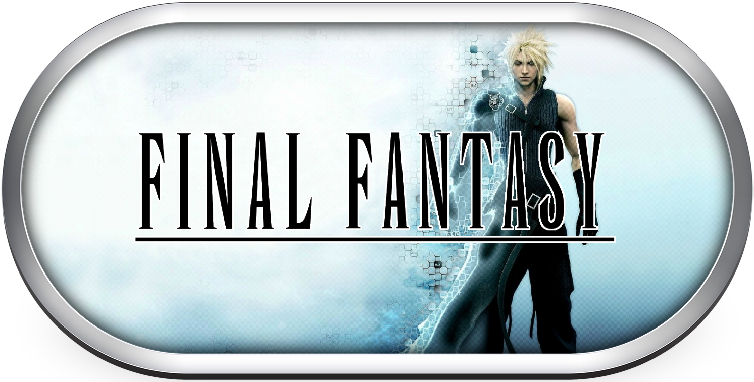 最終幻想標誌與賽菲羅斯 壁紙 — 一個風格化的Final Fantasy標誌，一個尖刺頭髮的戰士站在雲霧藍色背景前，置於銀色橢圓框架內。