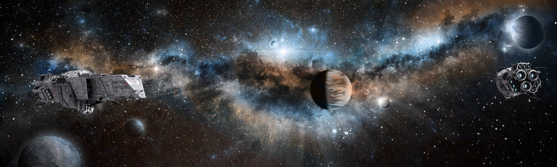 兩艘太空船在色彩繽紛、佈滿星星的星系中與行星一起航行。