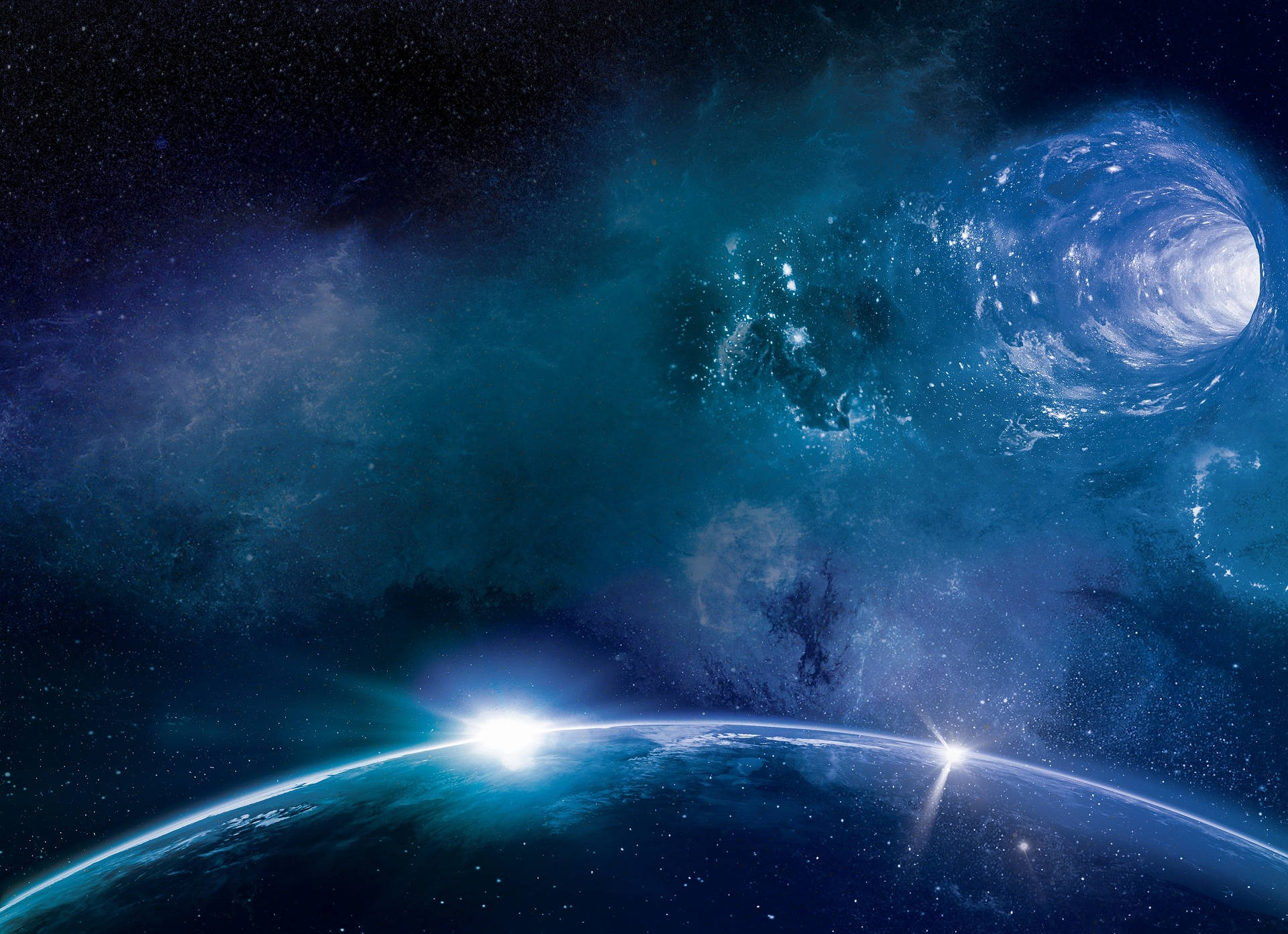 發光地平線和藍色蟲洞的行星，星空背景