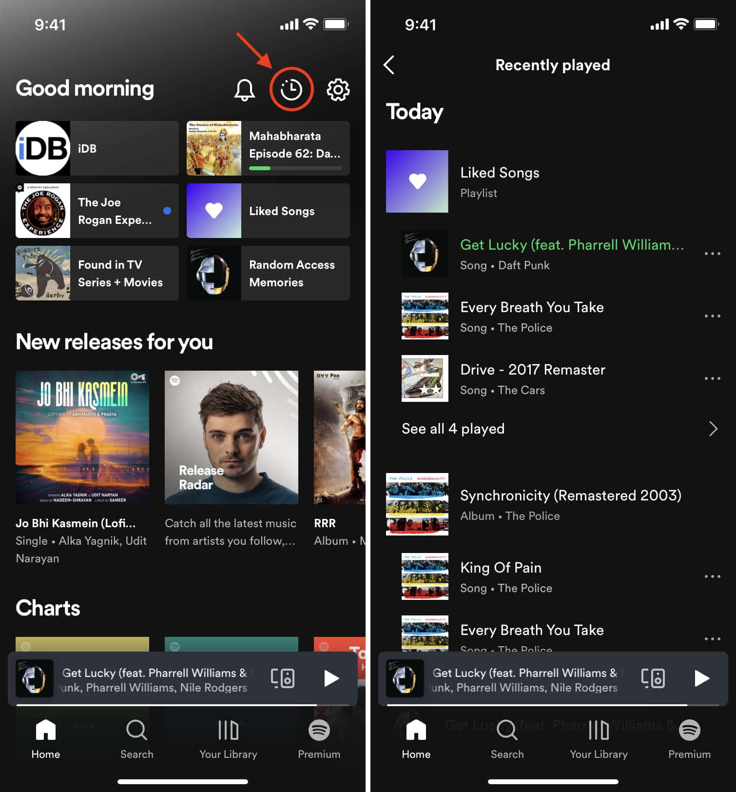 最近播放歌曲圖 壁紙 — 深色模式 Spotify 應用程式介面，顯示智能手機上的主屏幕，包含新發行和最近播放的音樂。