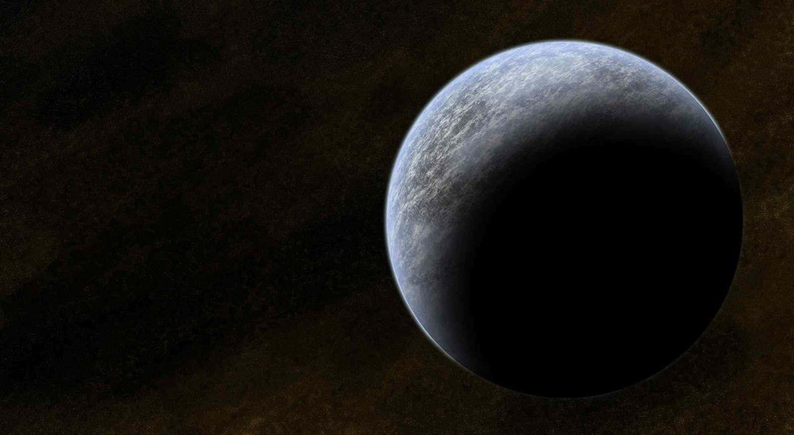 一顆表面發光的黑暗冰行星漂浮在太空中。
