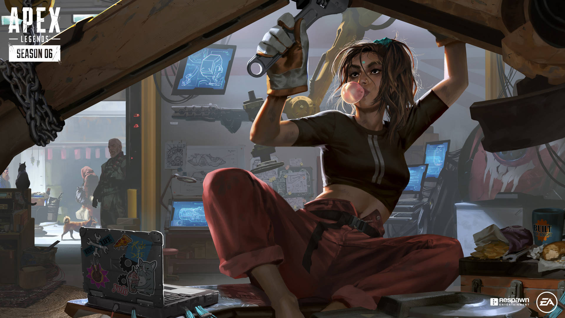 一位女遊戲機械師在雜亂的車庫中修理車輛時吹著泡泡糖。