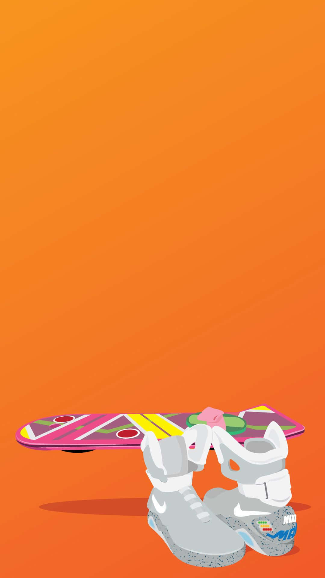 灰色Nike Air Mag運動鞋和懸浮滑板，橙色背景。