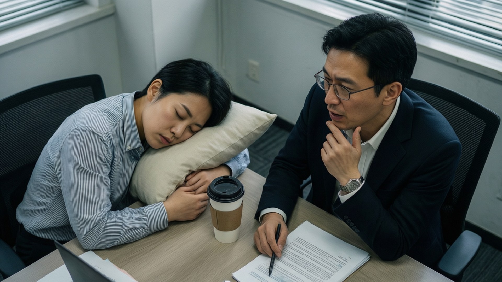 一名女子在桌上睡覺，而一名穿西裝的男子在辦公室若有所思地看著。